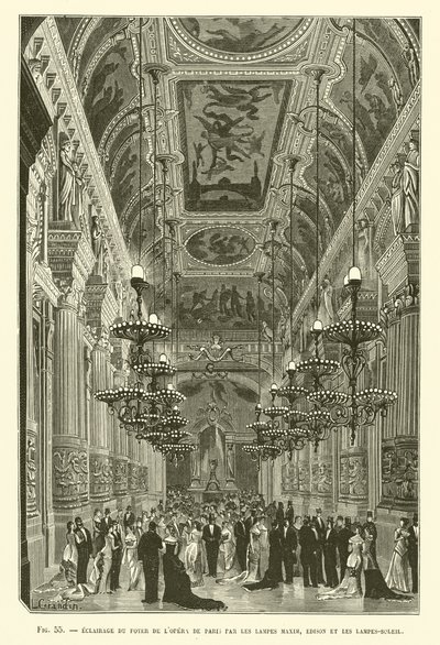 Lighting of the Paris Opera House Foyer by Maxim, Edison, and Sun Lamps by French School